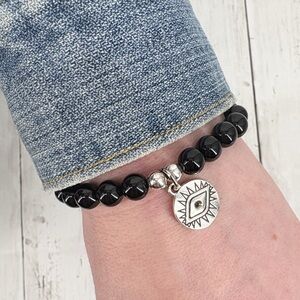 Black Onyx Beaded Stretch Bracelet with Eye Charm